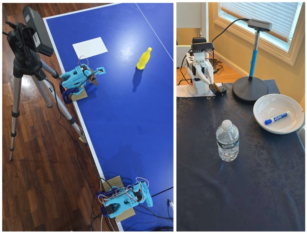 Physical environment setup: SO-101 leader/follower pair for teleoperated data collection (left), and the elevated Intel RealSense depth camera behind and slightly to the side of the arm in the production configuration (right)