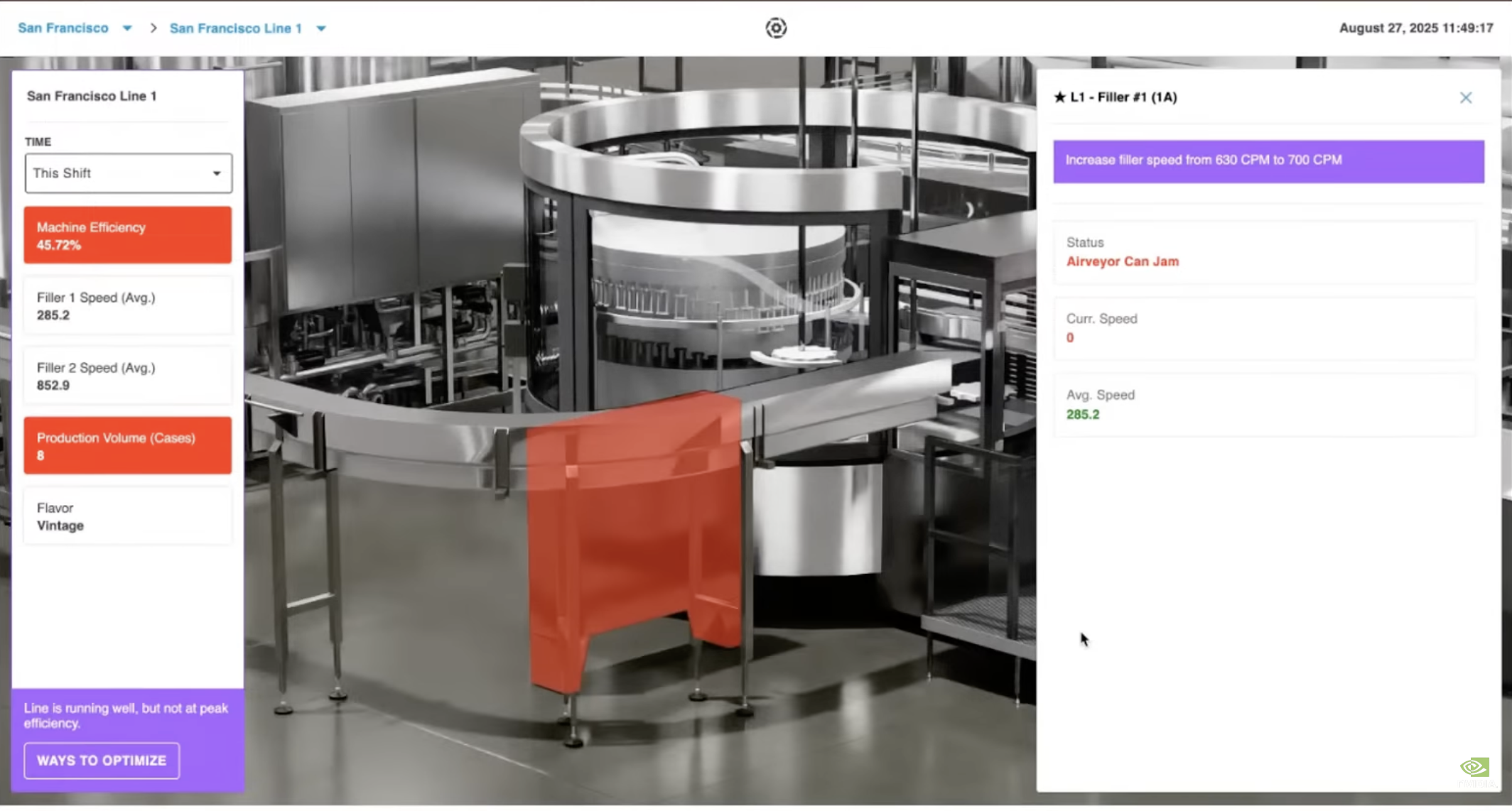 Zoomed-in 3D view of a filler with the jammed component highlighted in red and an agentic recommendation to increase filler speed from 630 to 700 CPM