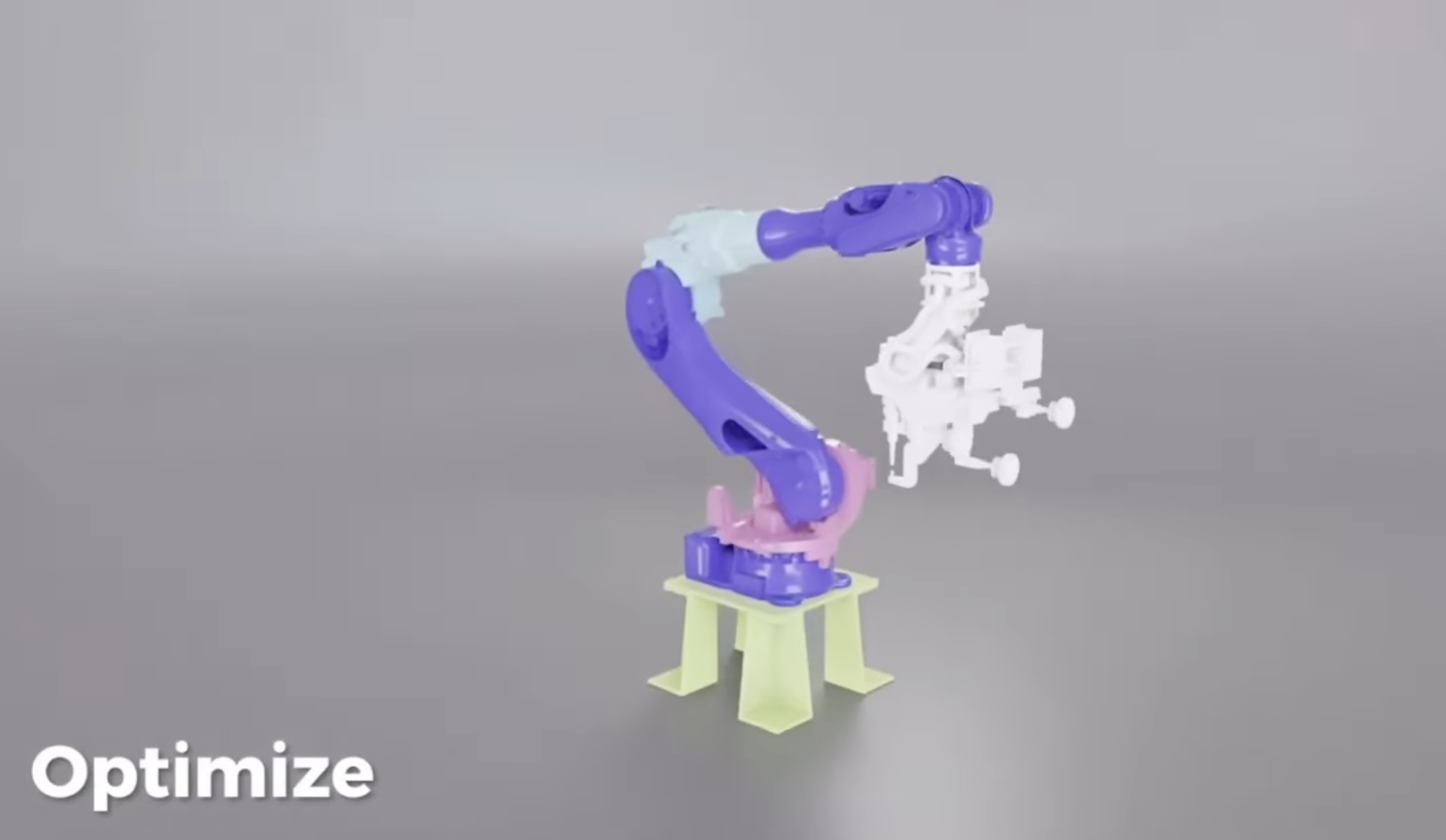 Segmented 3D model of a robotic arm, each component shown in a different color